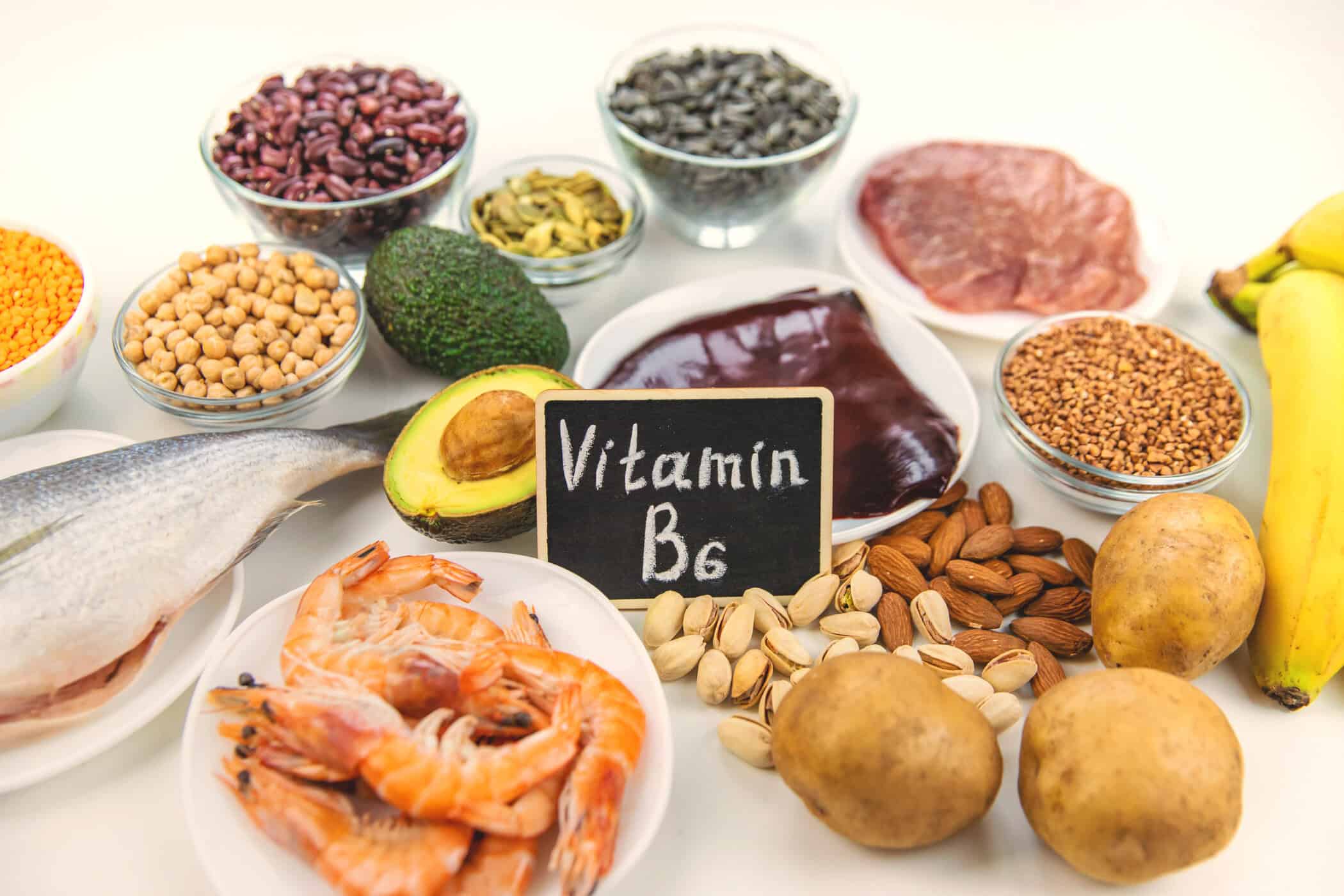 VItamin B6 rich foods on white background