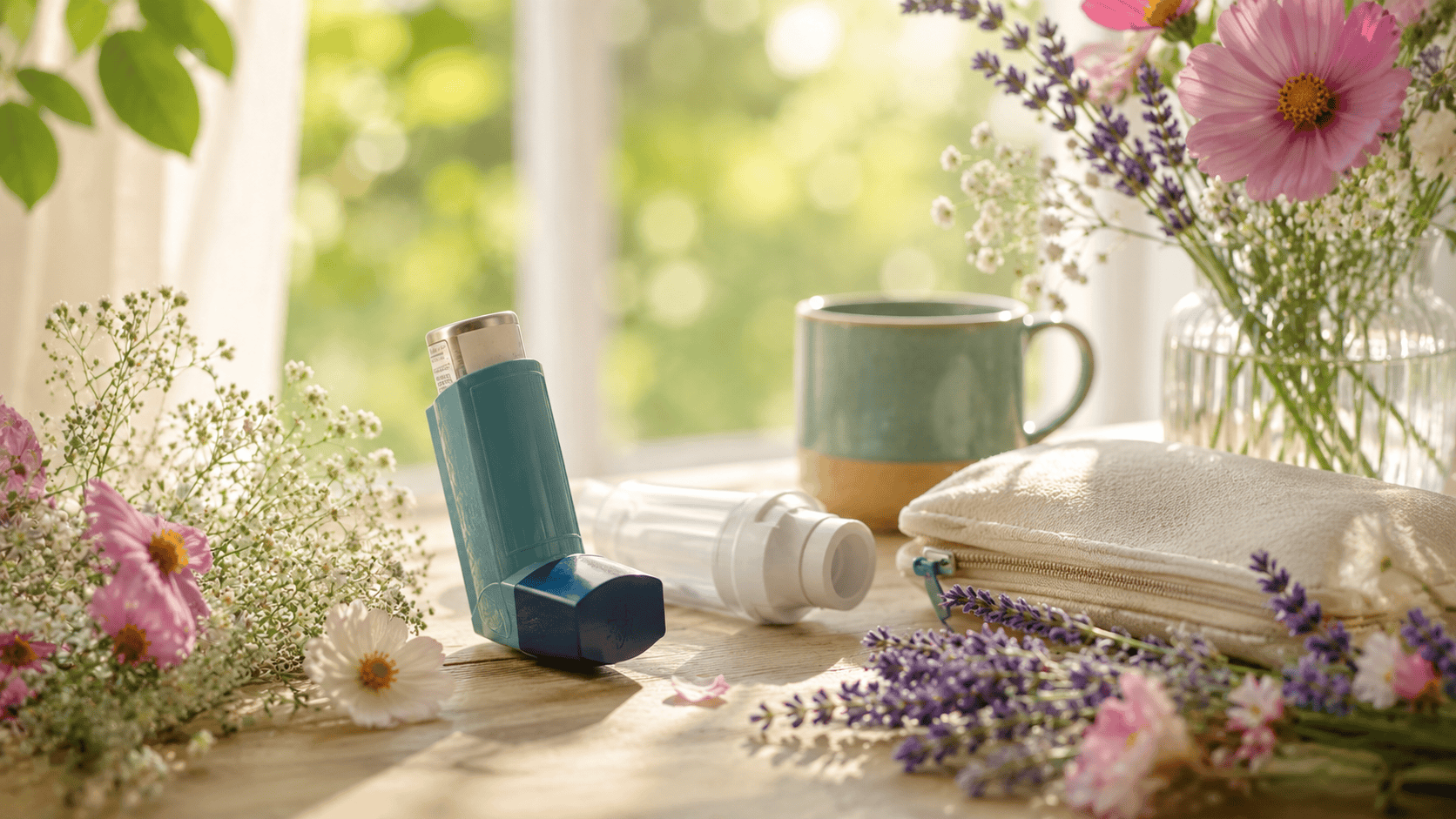 Asthma inhaler and spacer on a light wooden table surrounded by flowers and plants in warm natural daylight. Calm, positive atmosphere symbolizing holistic health and well-being in ADHD and asthma.